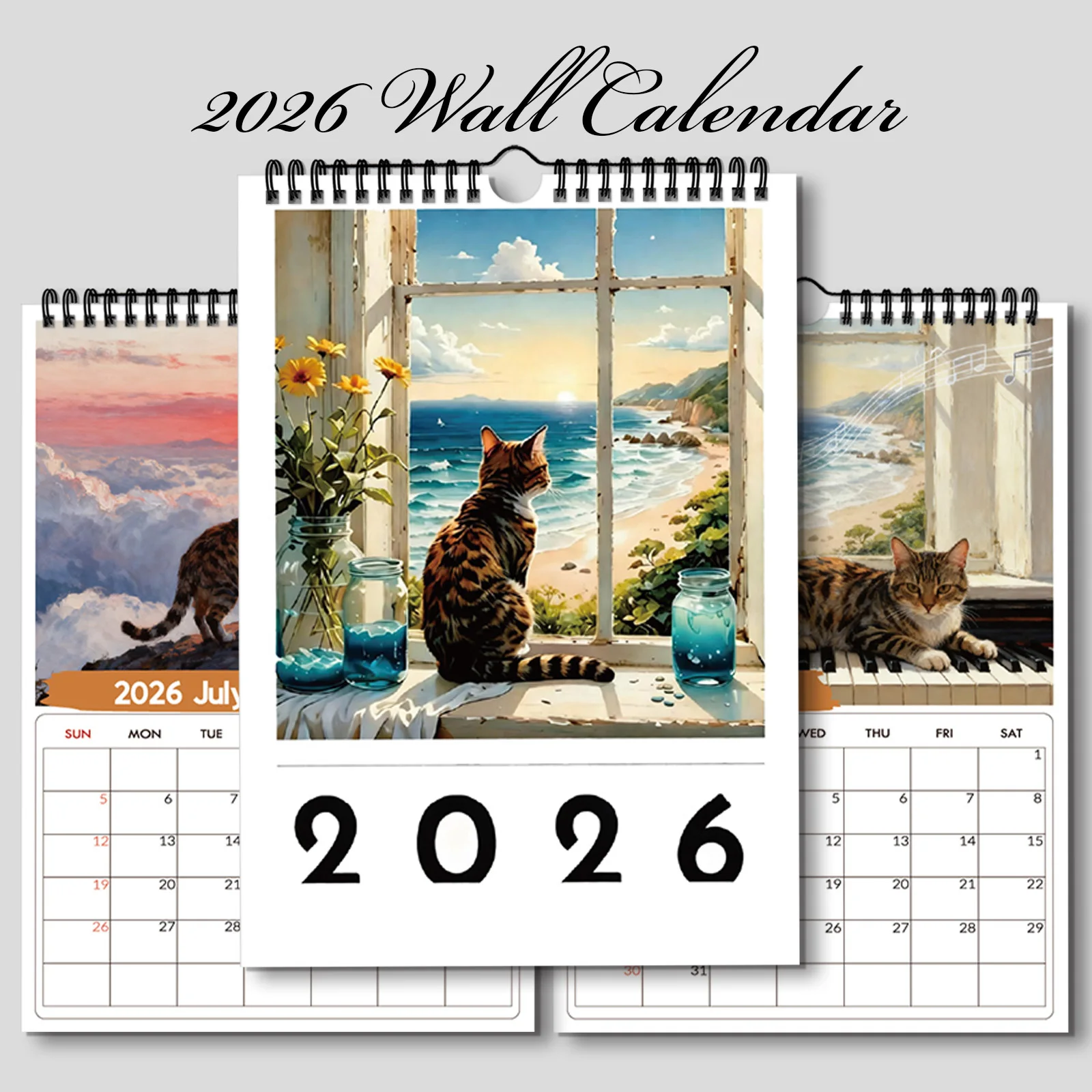 Home Office With View - 1 Stück 2026 Wandkalender, Fenster-Katzen-Thema, Perfekt