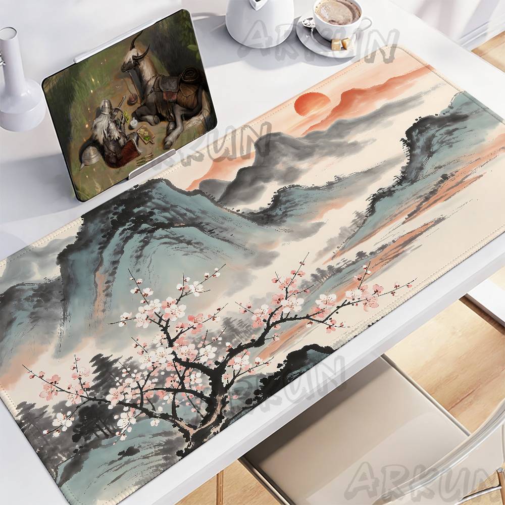 Home Office With View - Landschafts-Mauspad mit Tintenmalerei, Aquarell-Bergblick, Schreibtischunterlage, rutschfest,