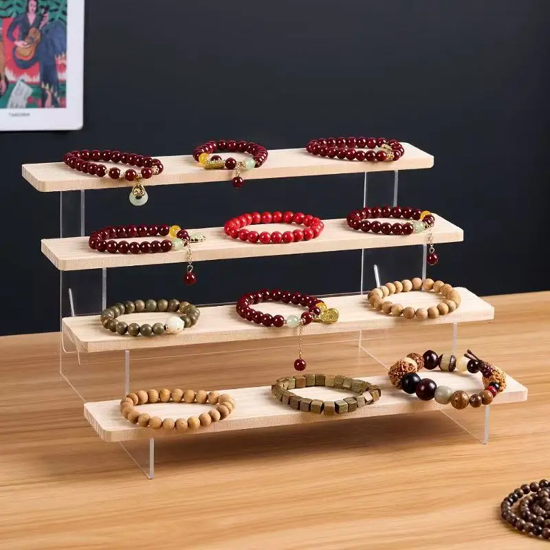 Desktop Organizer Bamboo - Acryl-Treppenständer mit Holzbrett für Figuren, Spielzeug,