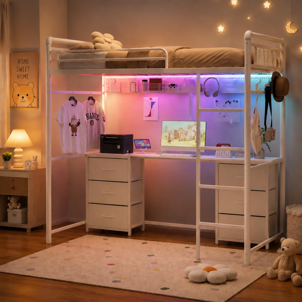 Desk Charging Station - mit Ladestation, RGB-LED-Leuchten, Pegboard und Kleiderstange